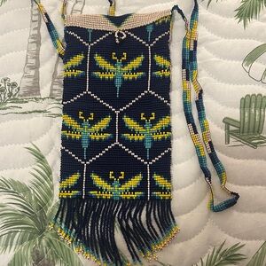 Handmade Beaded Crossbody Bag in Navy, Teal & Yellow